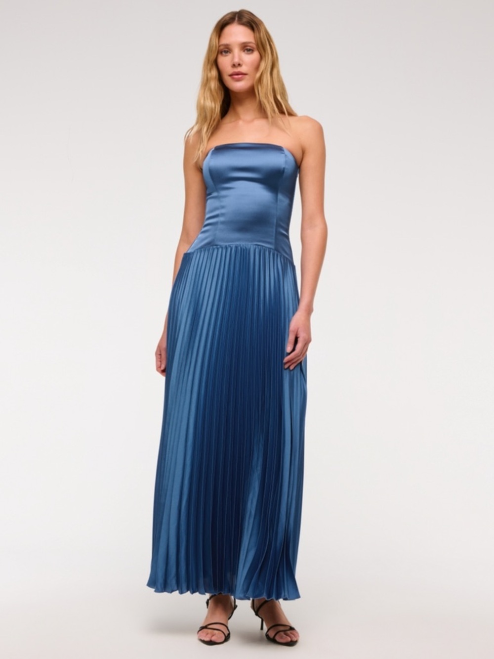 Abercrombie & Fitch Strapless Satin Pleated Maxi Dress in Blue